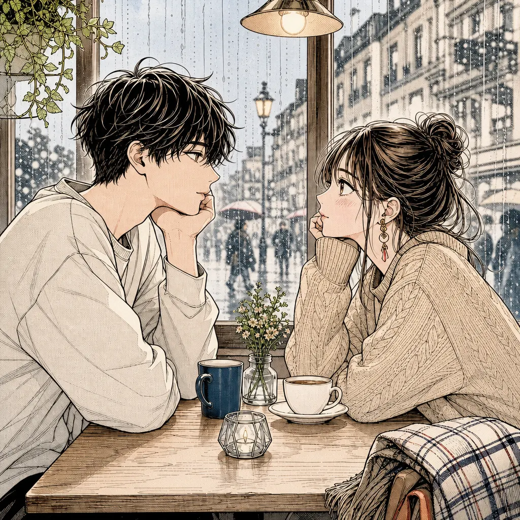 Colored manga scene for Rainy cafe, using Preserve the original