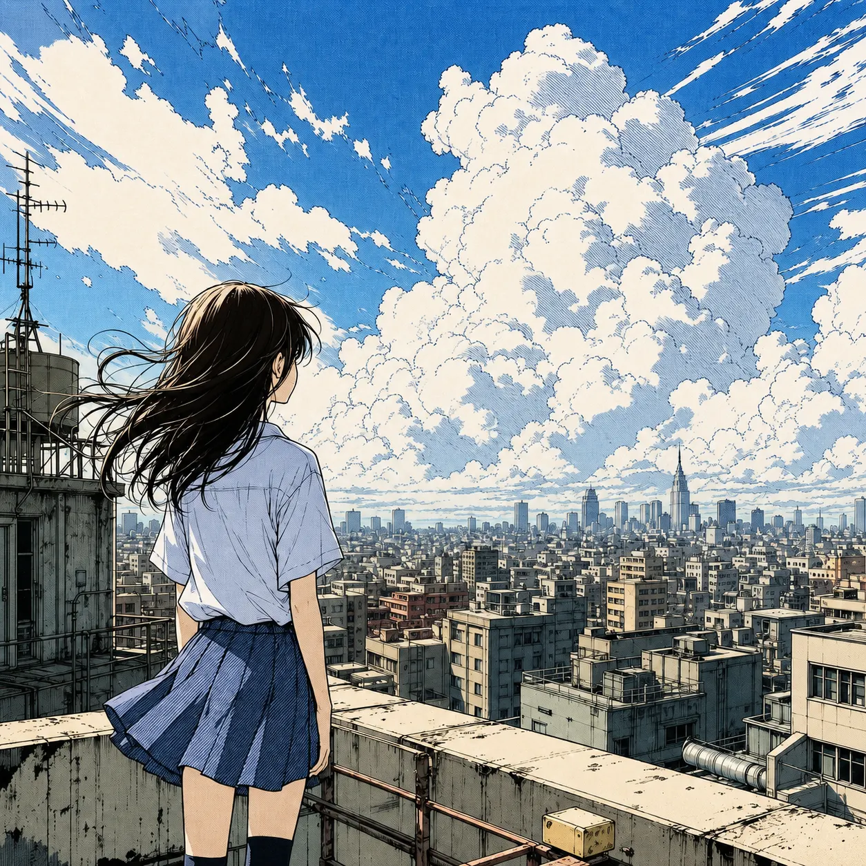Colored manga scene for Rooftop and clouds, using Preserve the original