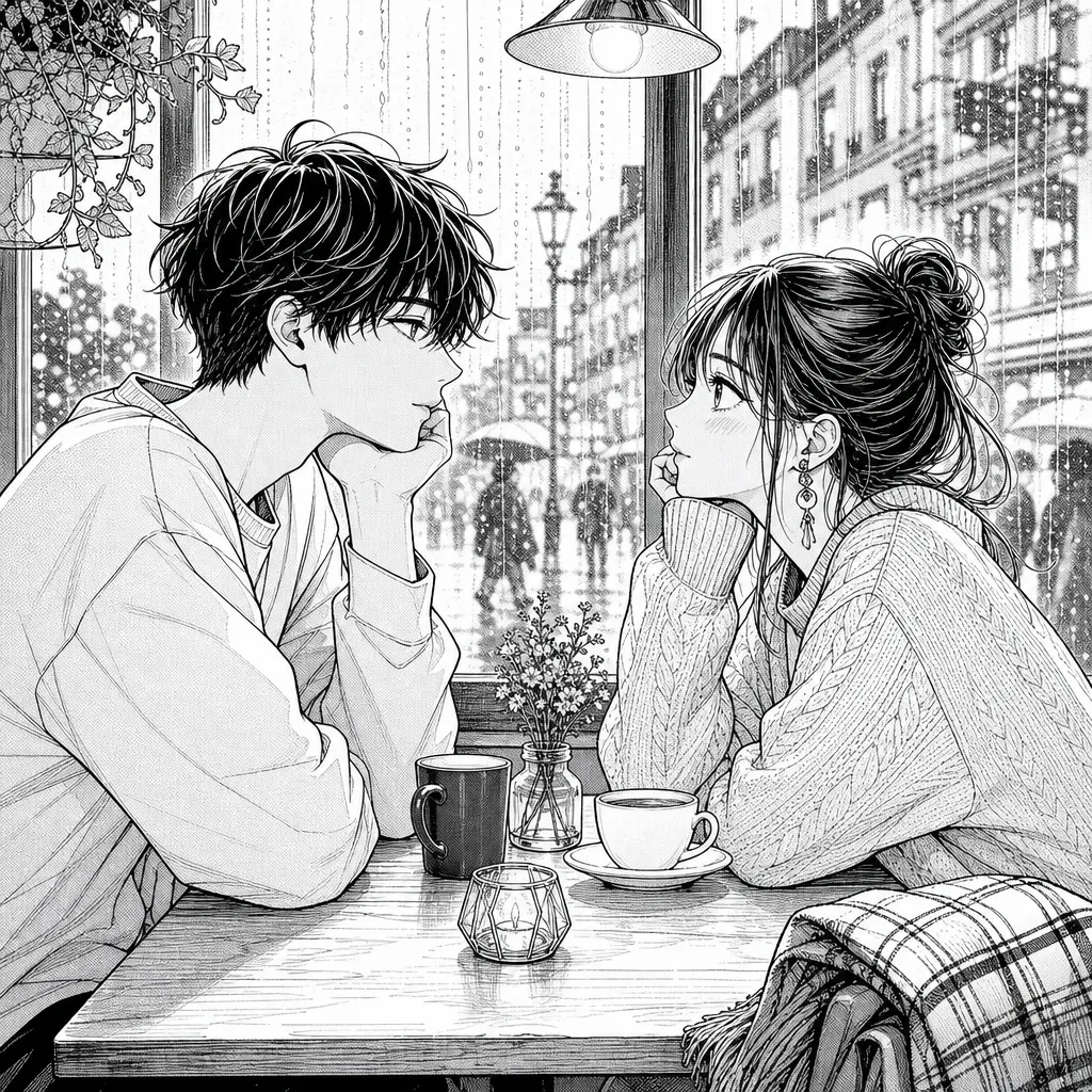 Original manga line art for Rainy cafe, before Preserve the original coloring