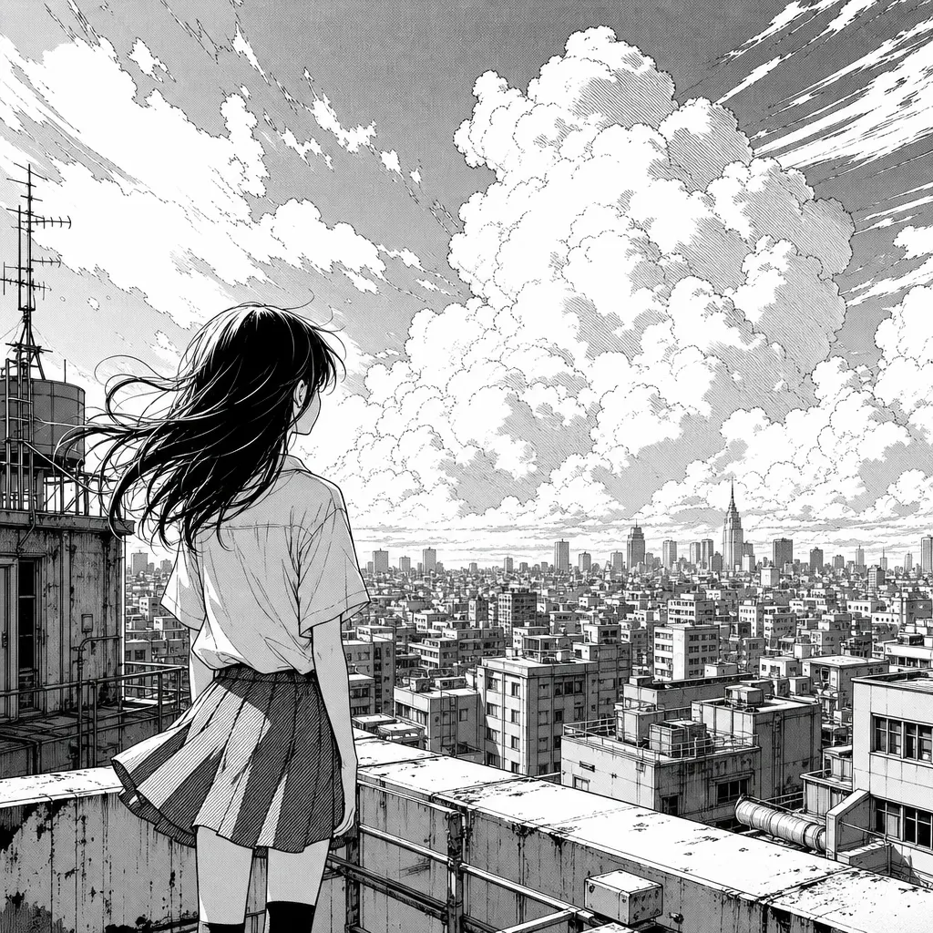 Original manga line art for Rooftop and clouds, before Preserve the original coloring